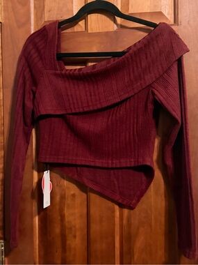 Cider Ribbed Off-Shoulder Asymmetrical Sweater - Burgundy
